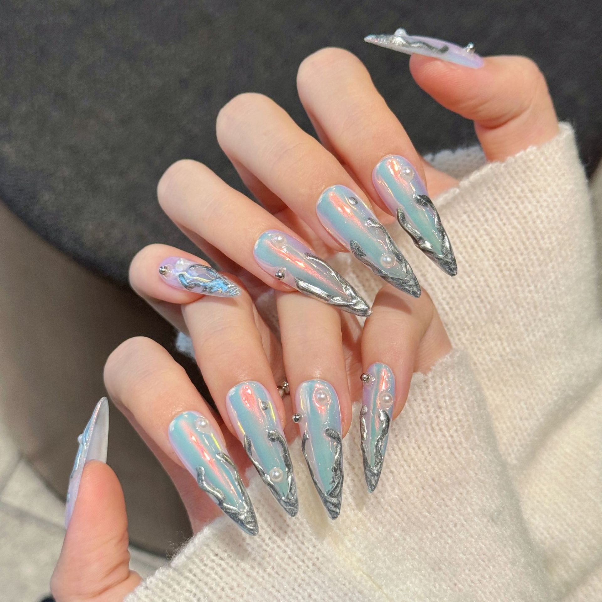10 pçs prata aurora longo stil - Nail Art Fake avaliação e preço